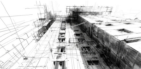 Detailed black and white drawing of a building, suitable for architectural projects - obrazy, fototapety, plakaty