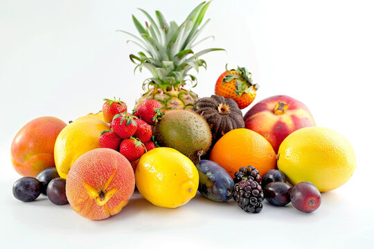 Assortment of exotic fruits isolated on whiteisolated on solid white background.
