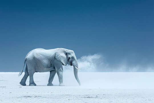 White elephant walking on white sands under a clear blue sky, solitary large mammal in nature, copy space