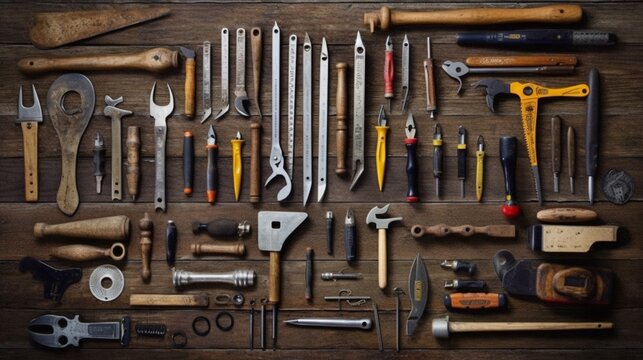 Assortment of tools on wood white background.Generative AI