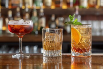 Three cocktails on a bar