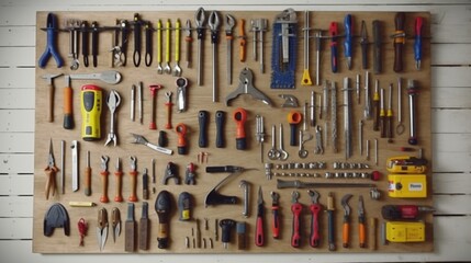 Assortment of tools on wood white background.Generative AI