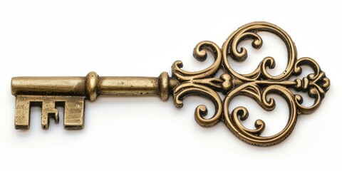An old key displayed on a white background. Ideal for locksmith or security concept - obrazy, fototapety, plakaty