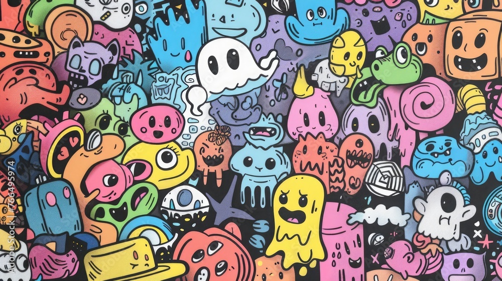 Poster A variety of cartoon characters on a black backdrop. Suitable for various design projects
