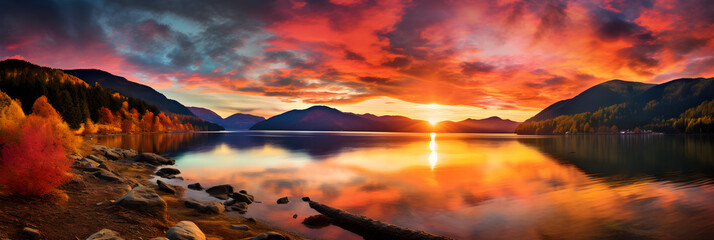 The Divine Artistry: A Serene Lake Resting in the Lap of Misty Mountains Under a Twilight Sky - obrazy, fototapety, plakaty