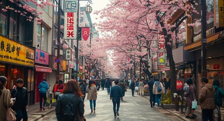 A Bustling Street Adorned with Spring Cherry Blossoms.