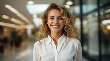 Portrait of a smiling young woman with long blond hair wearing a white shirt