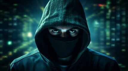 A person wearing a black hoodie and a mask with glowing blue eyes in front of a green circuit board background