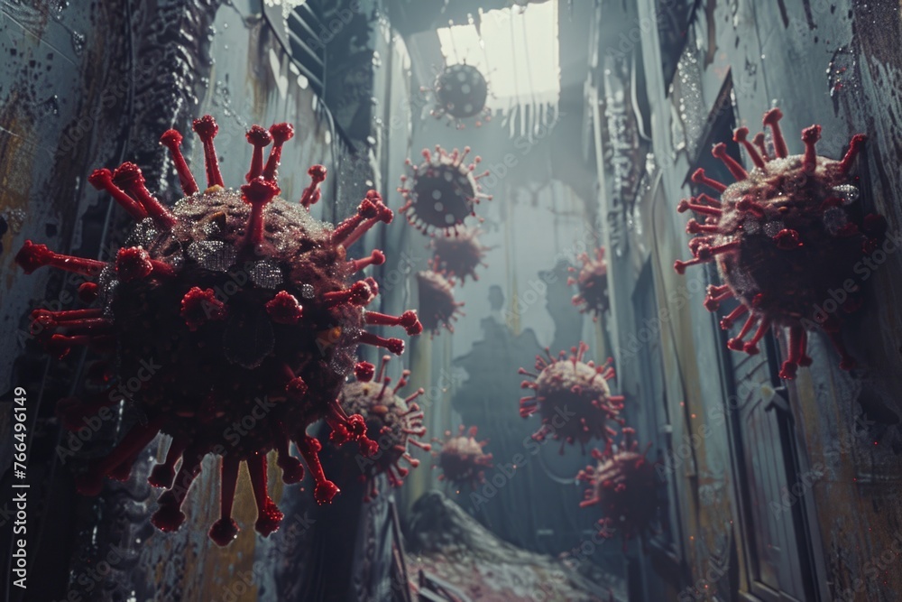 Poster A bunch of red and white viruses in a narrow alleyway. Suitable for medical and science concepts