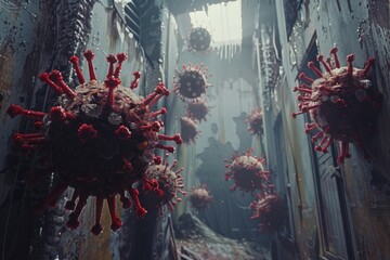 A bunch of red and white viruses in a narrow alleyway. Suitable for medical and science concepts