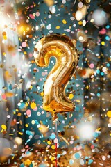 Fototapeta premium A shiny gold number 2 balloon with colorful confetti in the background. Perfect for birthday celebrations or milestone events