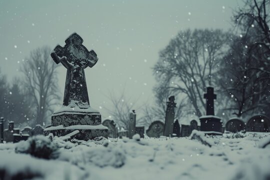 A peaceful cemetery scene with a snow-covered cross. Ideal for religious themes or winter concepts