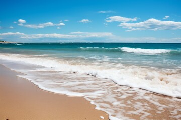 Fototapeta na wymiar Gentle waves lap the sandy shore under a cerulean sky