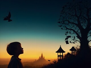 Naklejka premium Sunset Observer: A Person’s Silhouette Against the Backdrop of a Tranquil Sunset and Distant Architecture