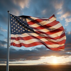 American flag waving in the wind at sunset - obrazy, fototapety, plakaty