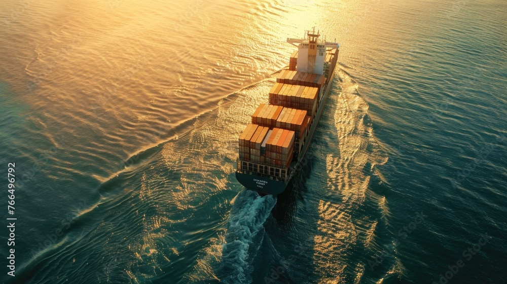 Poster a large container ship traveling across a body of water. suitable for transportation and logistics c