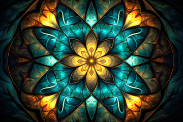 Vibrant fractal patterns background. Kaleidoscopic art fusion with stained glass effect and colorful spectrum. Fractal designs meeting kaleidoscope art in a stained glass style. Dynamic fractal beauty