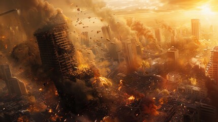 A city engulfed in flames, with billowing smoke. Ideal for disaster or crisis themed projects