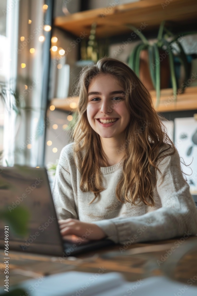 Poster a woman sitting at a table with a laptop. suitable for business and technology concepts