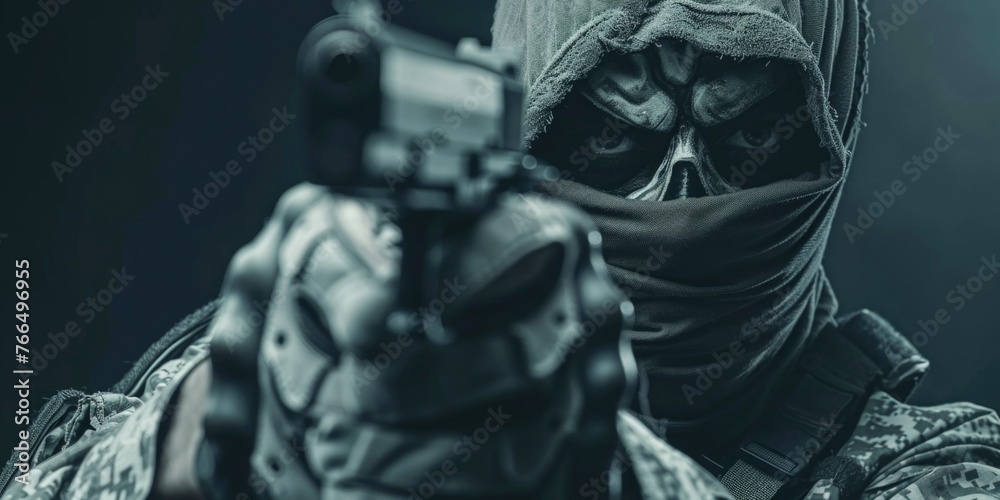 Poster A man wearing a mask holding a gun. Suitable for crime and security concepts