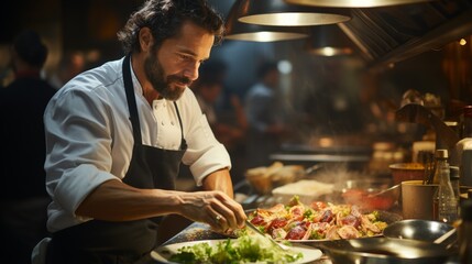 Focused male chef plating food in a busy restaurant kitchen