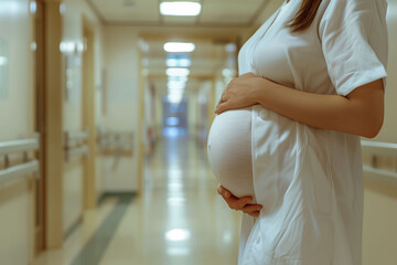 A pregnant woman standing with her hands on her belly in a hospital hallway. Concept pregnancy, motherhood, medical care. - obrazy, fototapety, plakaty