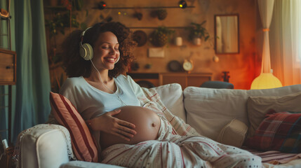 Obraz na płótnie Canvas A pregnant woman rests on the couch while listening to music, with her hands on her belly to feel her baby while smiling. Pregnancy, motherhood concept.