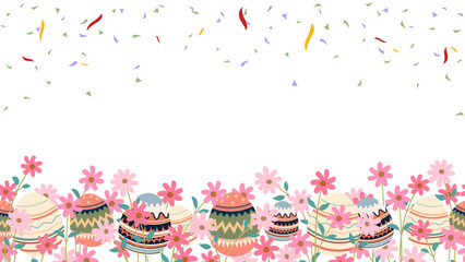 painted colorful Easter eggs, daisy and confetti banner background - 766496946