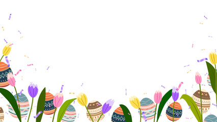 Banner Easter painted eggs, tulips and confetti colorful decoration elements. spring time, April - 766496949