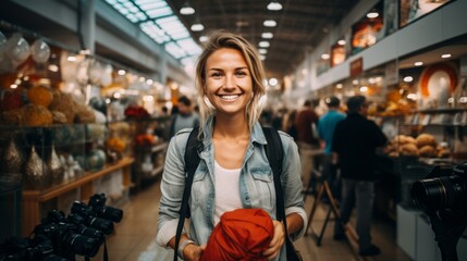 Portrait of a happy young woman with blonde hair and blue eyes smiling in a busy marketplace - obrazy, fototapety, plakaty