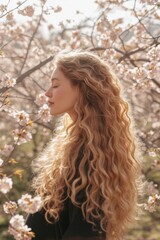 Curly Blonde Hair Woman In A Pink Flower Garden
