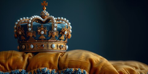 A royal golden crown on a golden pillow against a blue background. Symbols of UK United Kingdom monarchy.