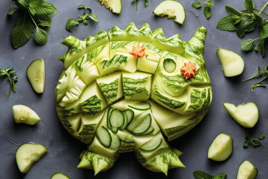 Top view at an artwork monster animal made from a melon.