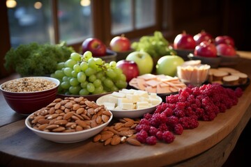 A table full of healthy snacks including grapes, apples, cheese, almonds, and raspberries