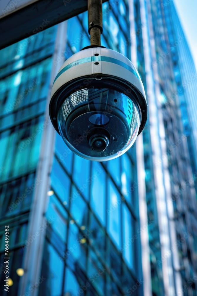 Poster Close up of a camera on a pole in front of a building. Suitable for security and surveillance concepts