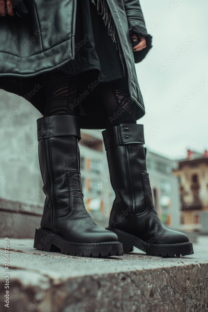 Poster a person wearing black boots standing on a step. suitable for various concepts and themes