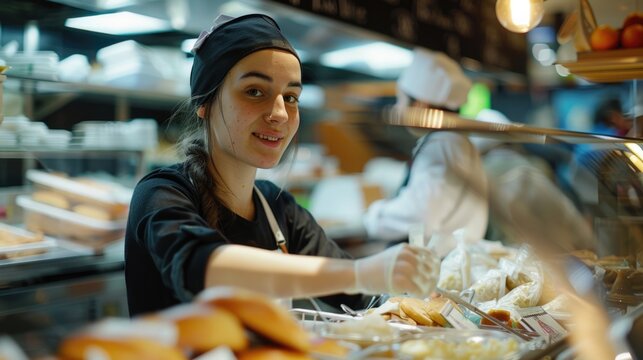A woman standing behind a counter filled with pastries. Suitable for bakery or cafe themes