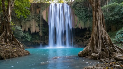 Waterfall in the jungle with blue water and green vegetation - obrazy, fototapety, plakaty