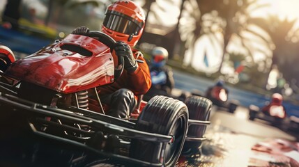 A red race car with a helmet on speeding down a race track. Ideal for sports or automotive concepts