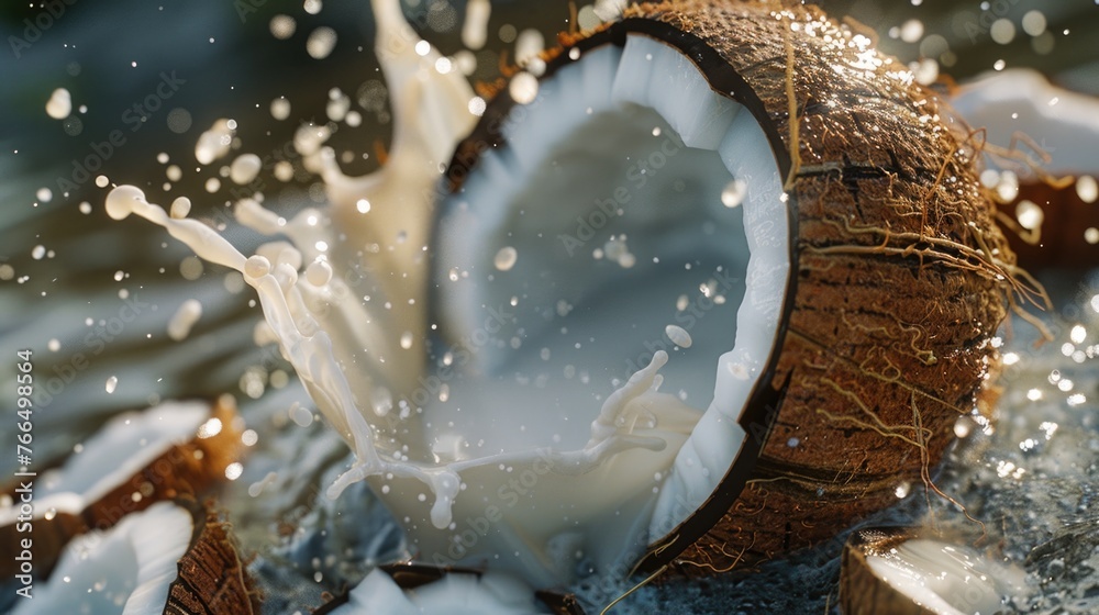 Poster milk splashing from a coconut, perfect for food and drink concepts