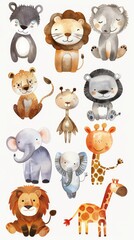 Whimsical watercolor collection of cute zoo animals against a stark white backdrop