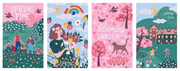 Spring woman. Flower book cover with nature pastel air landscape, fresh girl face paint drawing, Family walking in forest, blossom bouquet, cute house. Poster set. Vector flyer design