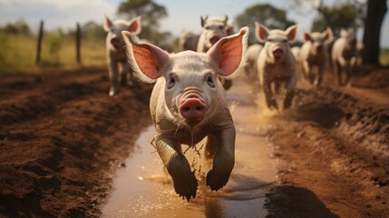 A cute piglet is running in the mud