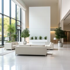 A modern office lobby with white walls and furniture and large windows