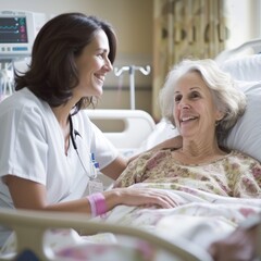 Fototapeta premium A smiling nurse talking to a patient in a hospital bed