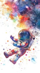 A dreamy watercolor of a chibi astronaut floating in cosmic space on white