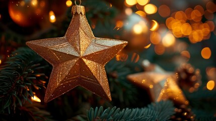 A golden Christmas star ornament hanging on a Christmas tree with twinkling lights in the background - obrazy, fototapety, plakaty