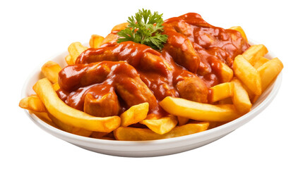A white bowl overflows with french fries smothered in delectable sauce