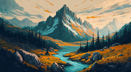 Generative AI illustration,  Mountain view with a rich forest lake