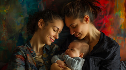 Two lesbian women are sitting on top of a couch, happily holding a baby boy between them, enjoying their completeness as a family.